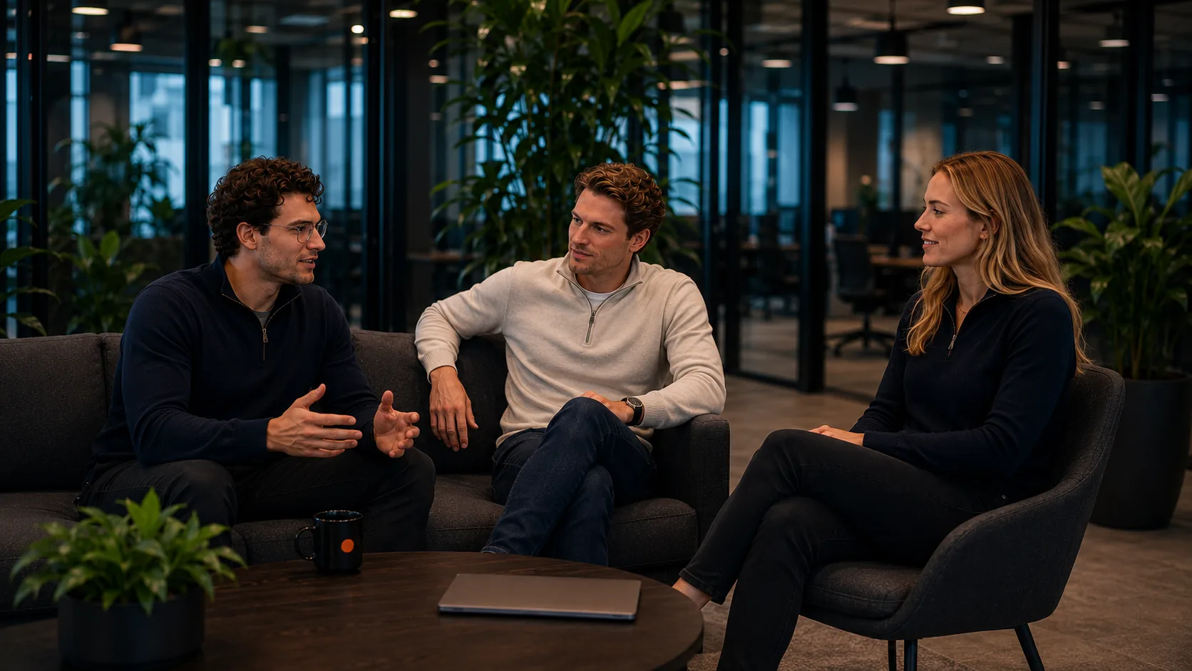 Twee mensen in gesprek aan tafel over waar een bedrijf tijd verliest