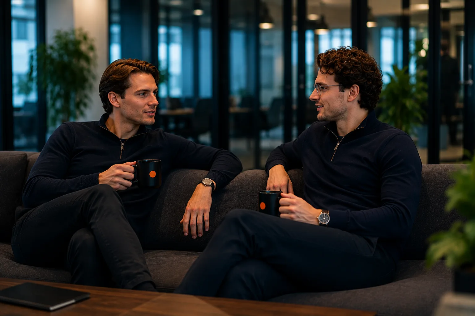 Twee ondernemers overleggen bij een kop koffie over waar hun bedrijfsprocessen schuren