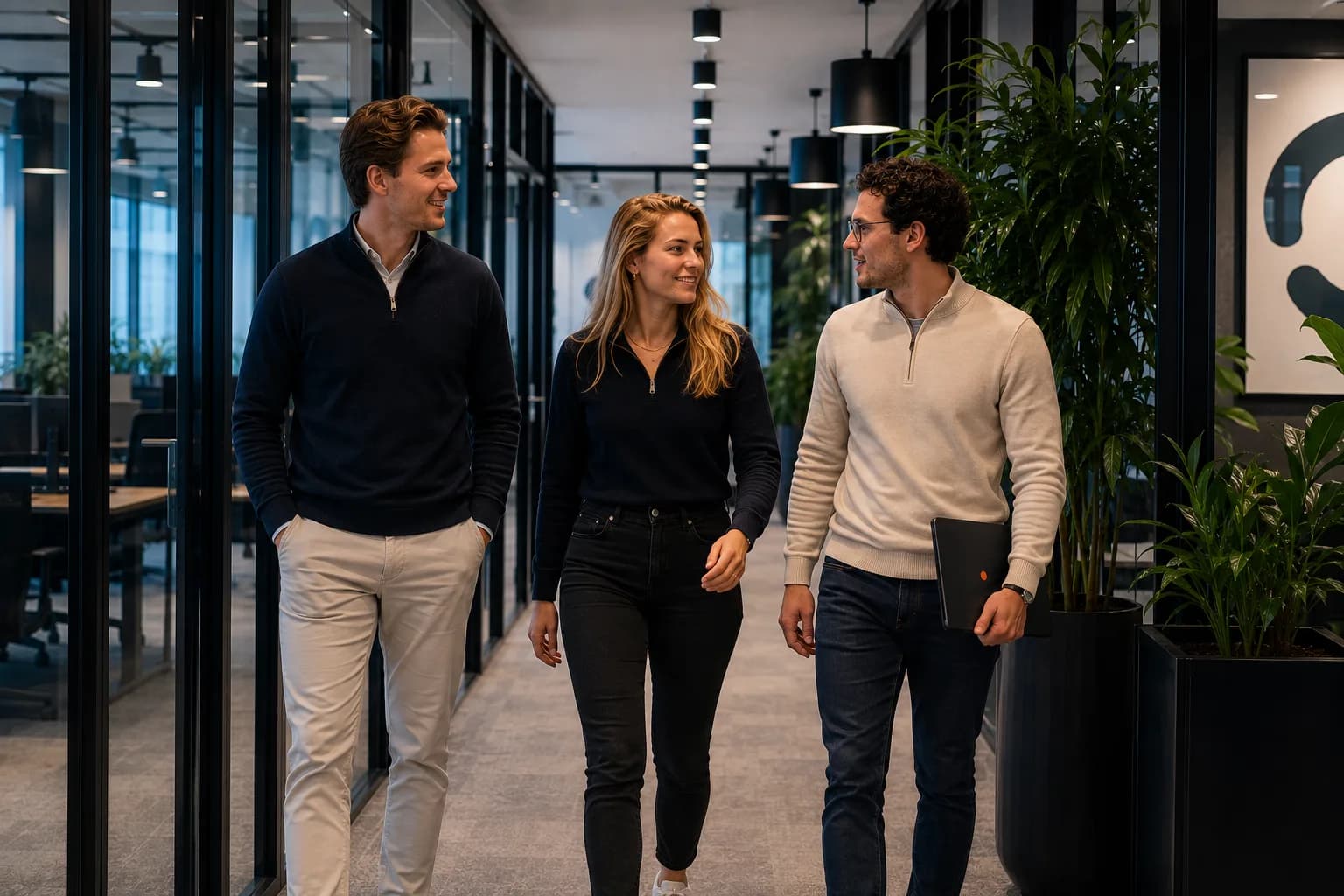 Twee collega's in gesprek in een kantoorgang