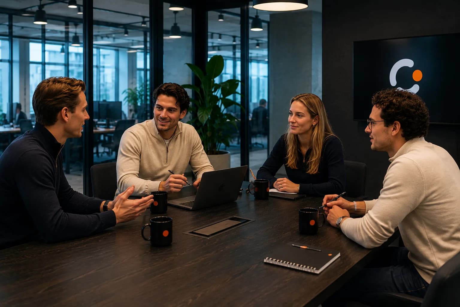 Twee collega’s in een vergaderruimte die samen een scherm doornemen