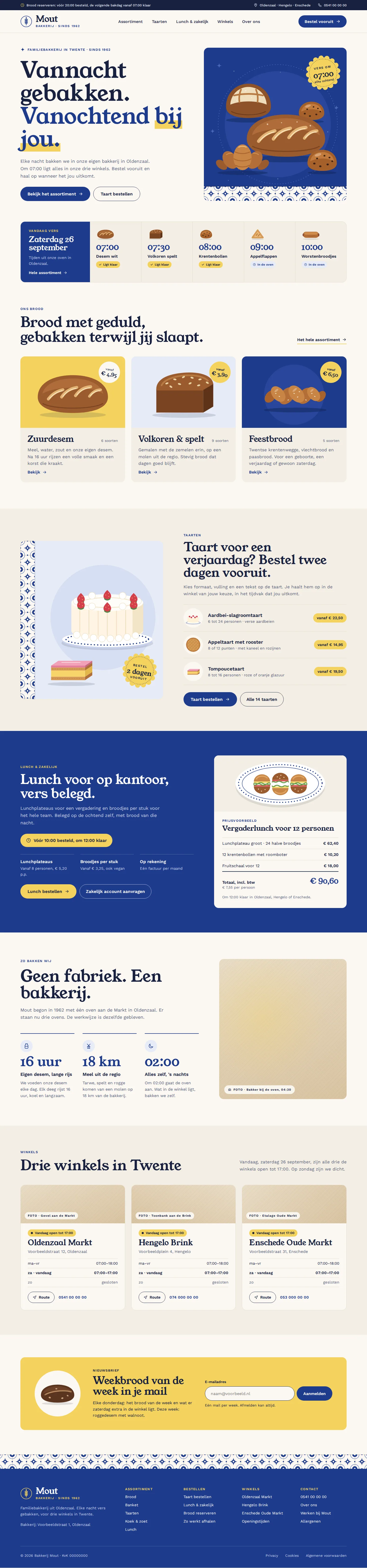 Ontwerpvoorbeeld homepage van Bakkerij Mout (bakkerij): vandaag vers, taarten vooruit, drie winkels