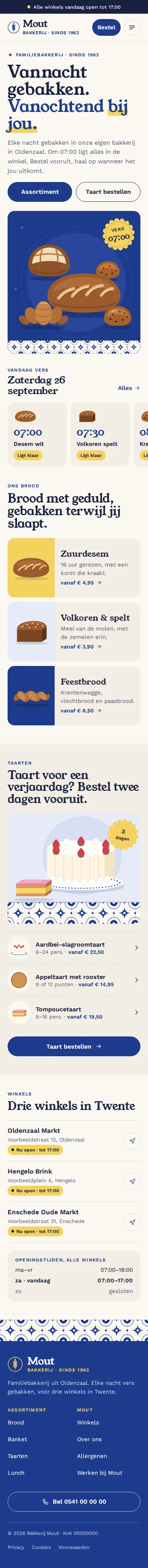 Ontwerpvoorbeeld mobiele homepage van Bakkerij Mout (bakkerij): bestel naast het logo, vandaag vers, winkels