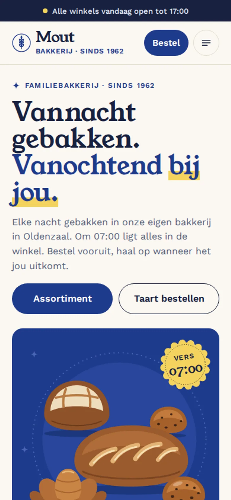 Ontwerpvoorbeeld mobiele homepage van Bakkerij Mout (bakkerij): bestel naast het logo, vandaag vers, winkels