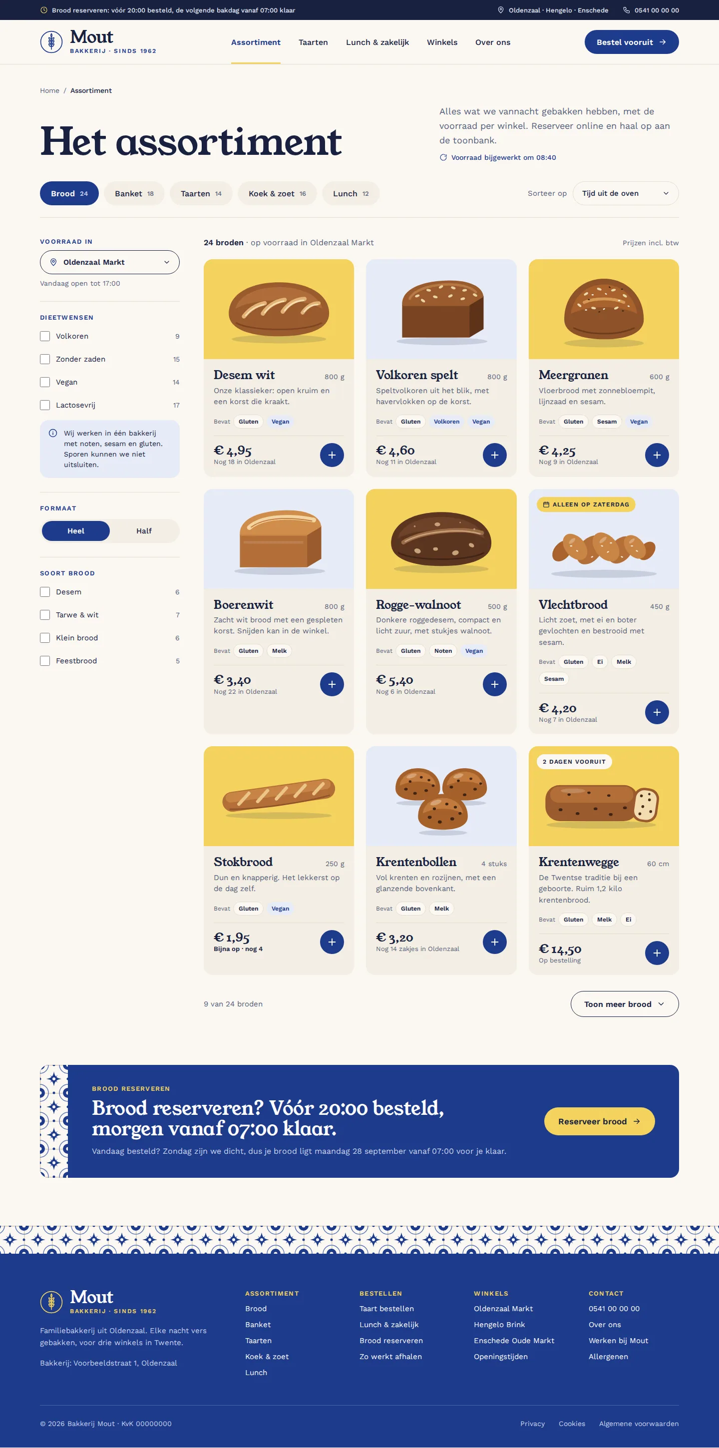 Ontwerpvoorbeeld assortiment van Bakkerij Mout (bakkerij): voorraad per winkel, filters, brood reserveren
