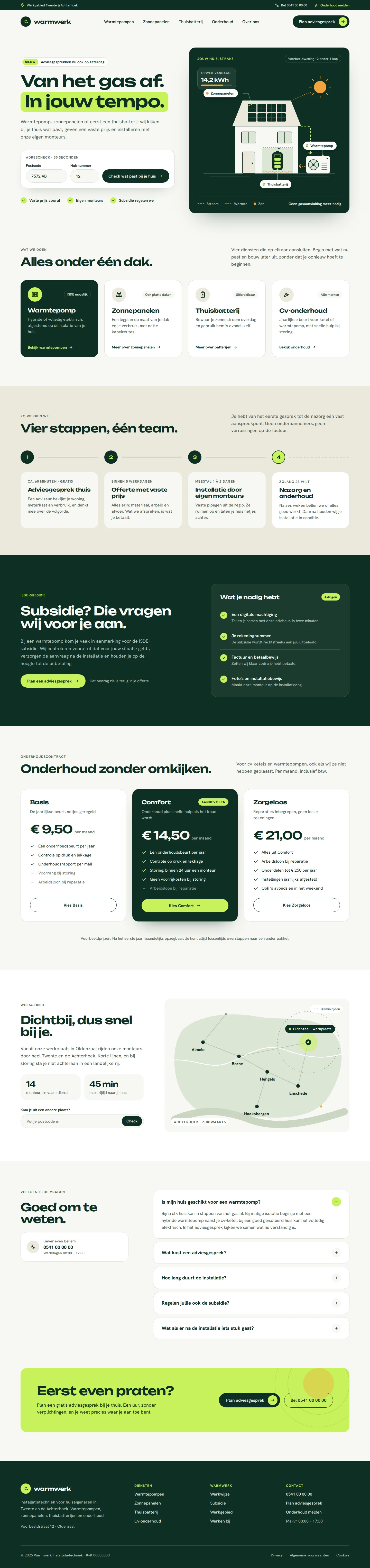 Ontwerpvoorbeeld homepage van Warmwerk Installatietechniek (installateur): adrescheck, subsidie, onderhoud