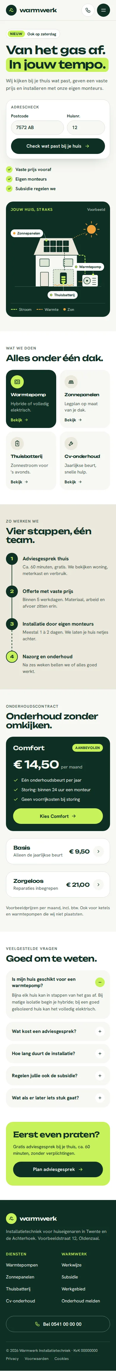 Ontwerpvoorbeeld mobiele homepage van Warmwerk Installatietechniek (installateur): adrescheck, diensten, afsluiting