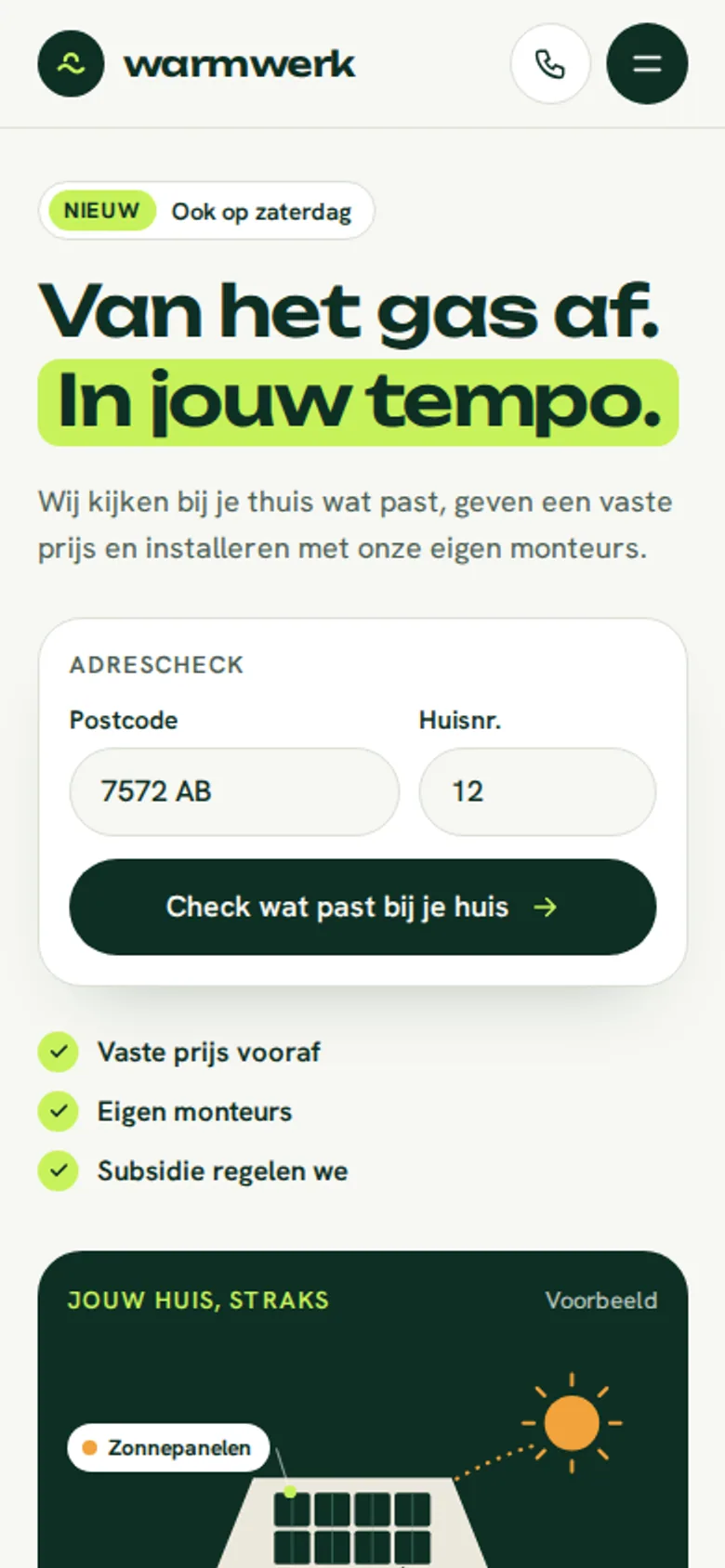 Ontwerpvoorbeeld mobiele homepage van Warmwerk Installatietechniek (installateur): adrescheck, diensten, afsluiting