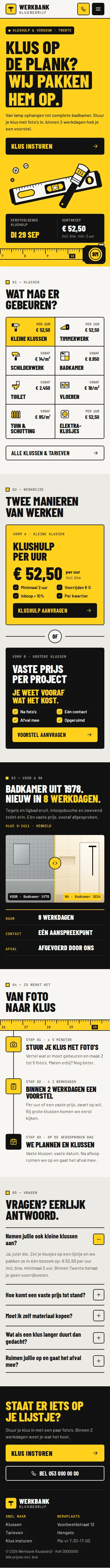 Ontwerpvoorbeeld mobiele homepage van Werkbank Klusbedrijf (klusbedrijf): eerstvolgende klushulp, tegels, voor en na