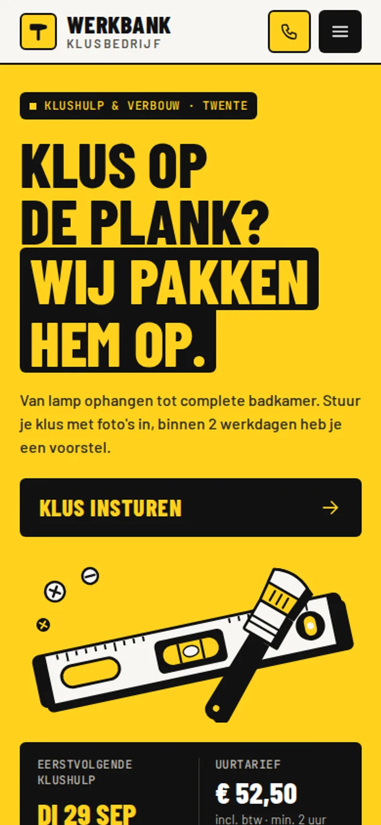 Ontwerpvoorbeeld mobiele homepage van Werkbank Klusbedrijf (klusbedrijf): eerstvolgende klushulp, tegels, voor en na