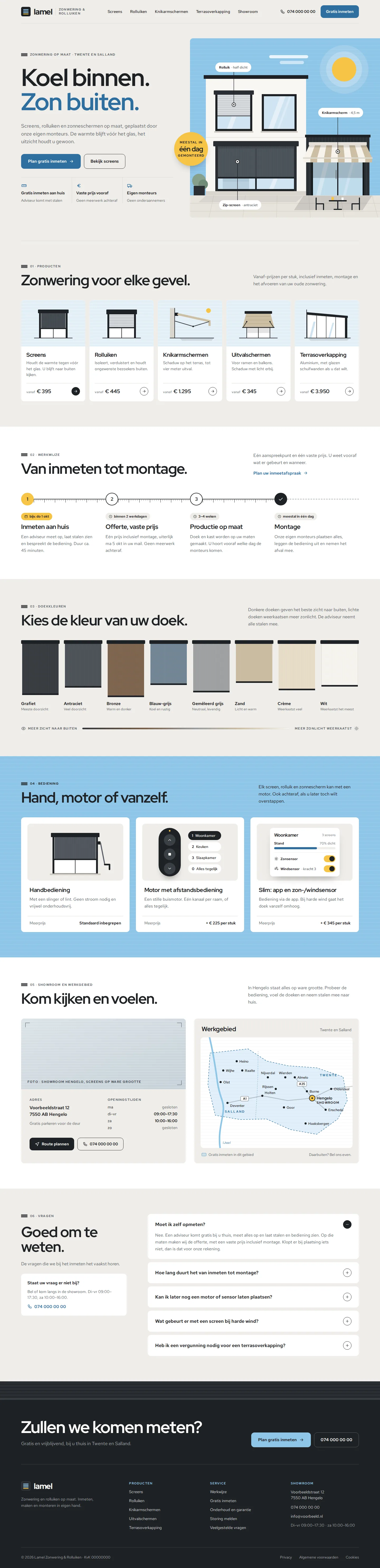Ontwerpvoorbeeld homepage van Lamel Zonwering & Rolluiken (montagebedrijf): stappenplan, doekkleuren, bediening