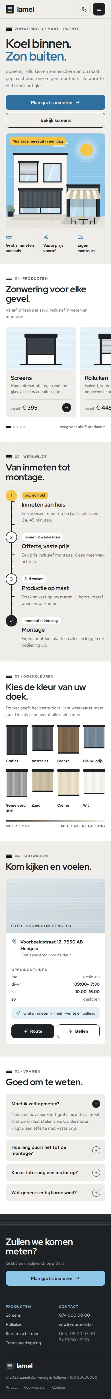 Ontwerpvoorbeeld mobiele homepage van Lamel Zonwering & Rolluiken (montagebedrijf): eerste knop, producten, doekkleuren