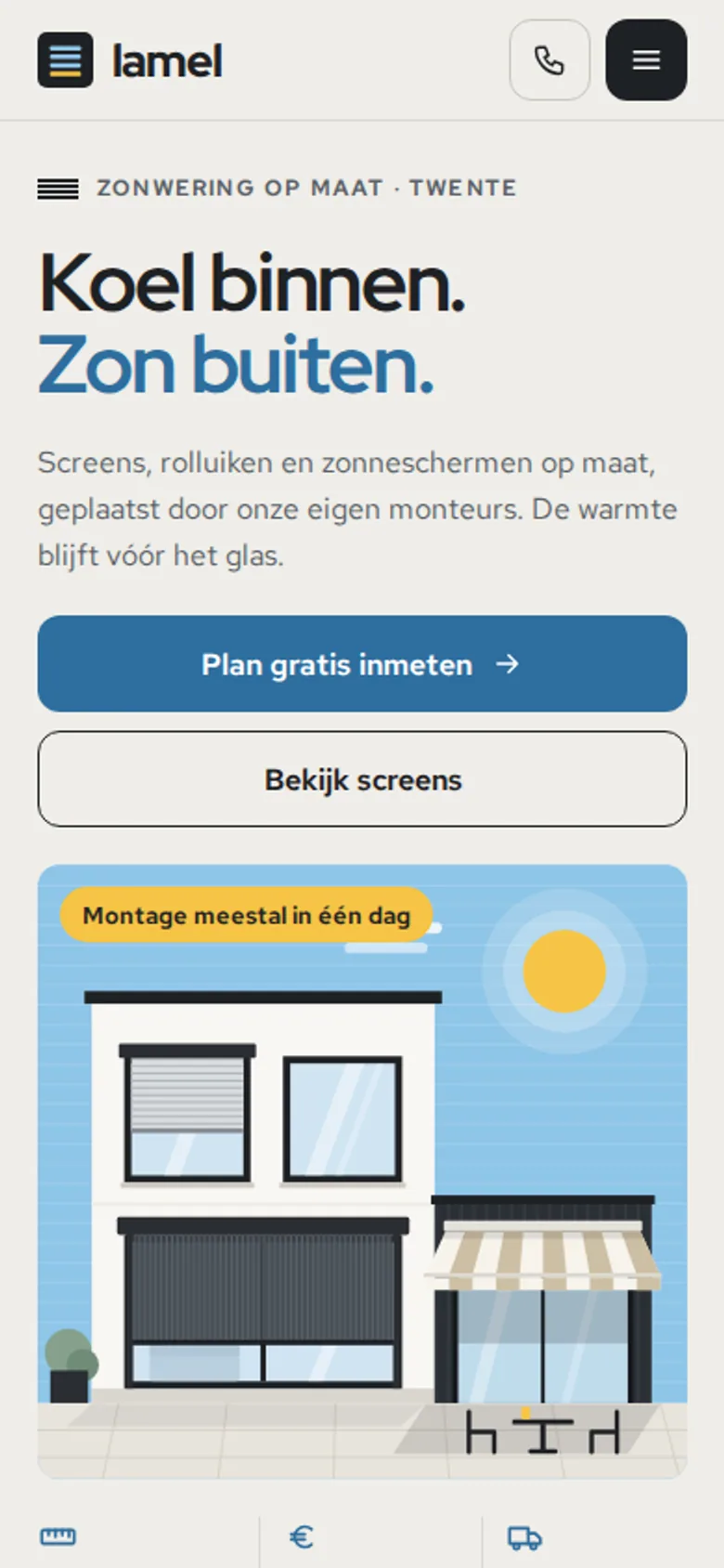 Ontwerpvoorbeeld mobiele homepage van Lamel Zonwering & Rolluiken (montagebedrijf): eerste knop, producten, doekkleuren