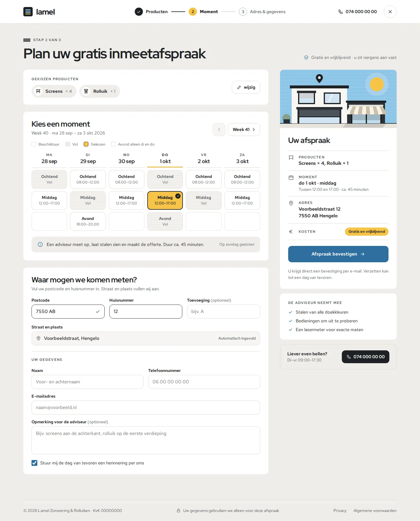Ontwerpvoorbeeld inmeetafspraak plannen van Lamel Zonwering & Rolluiken (montagebedrijf): dagdelen, beschikbaarheid, samenvatting