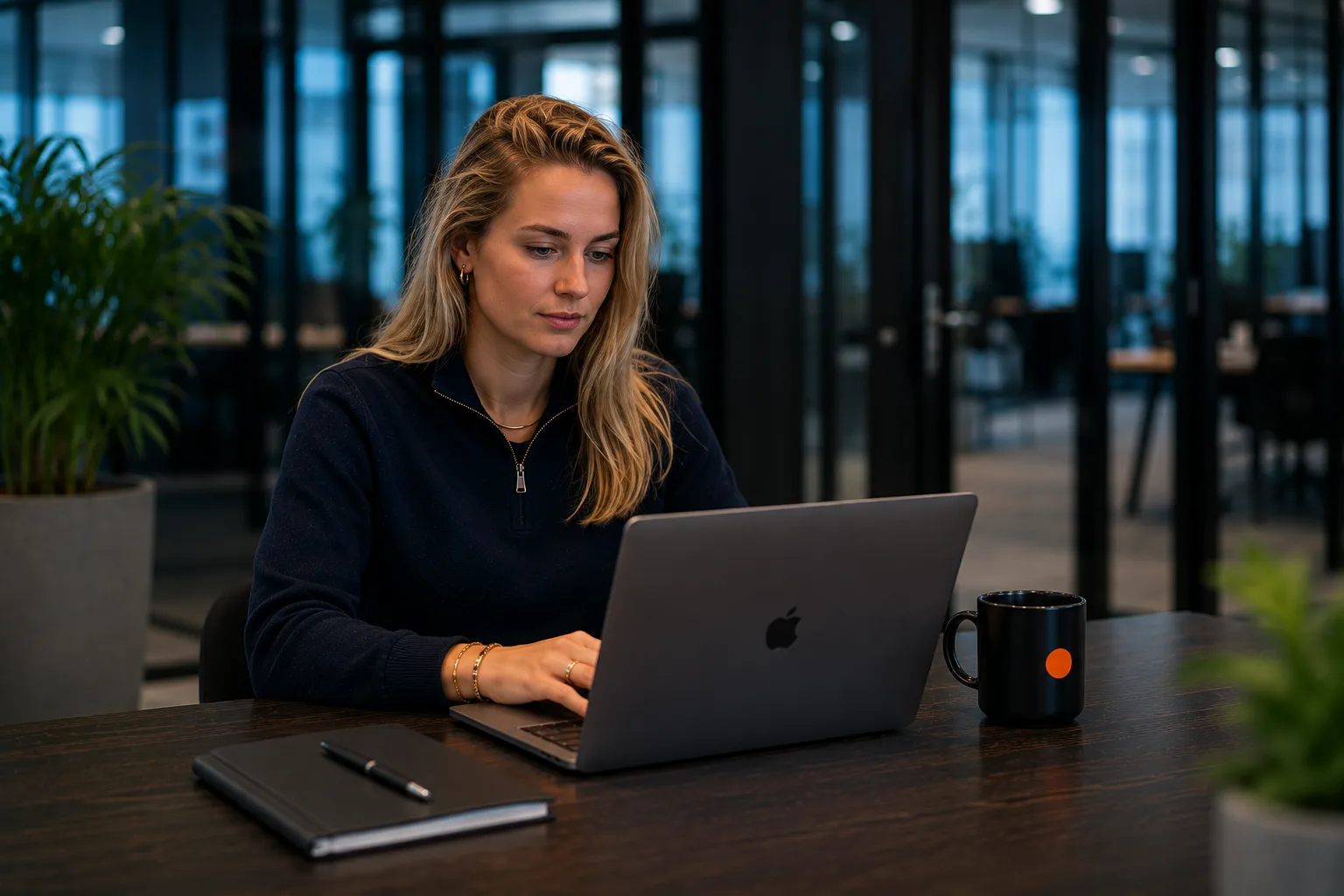 Medewerker zoekt geconcentreerd een document op een laptop